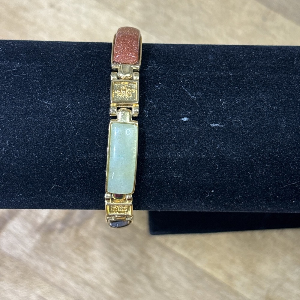 Vintage Asian Chinese Style Multi Gemstone Gold Tone Link Bracelet